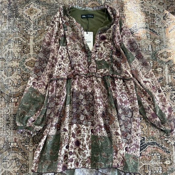 Zara Olive and Patterned Ruffle Blouse | only worn once - Picture 1 of 9